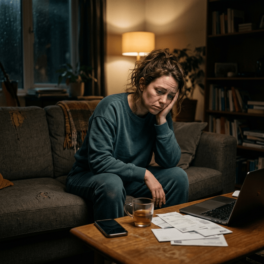 Woman sitting on sofa looking stressed with bills and laptop on table