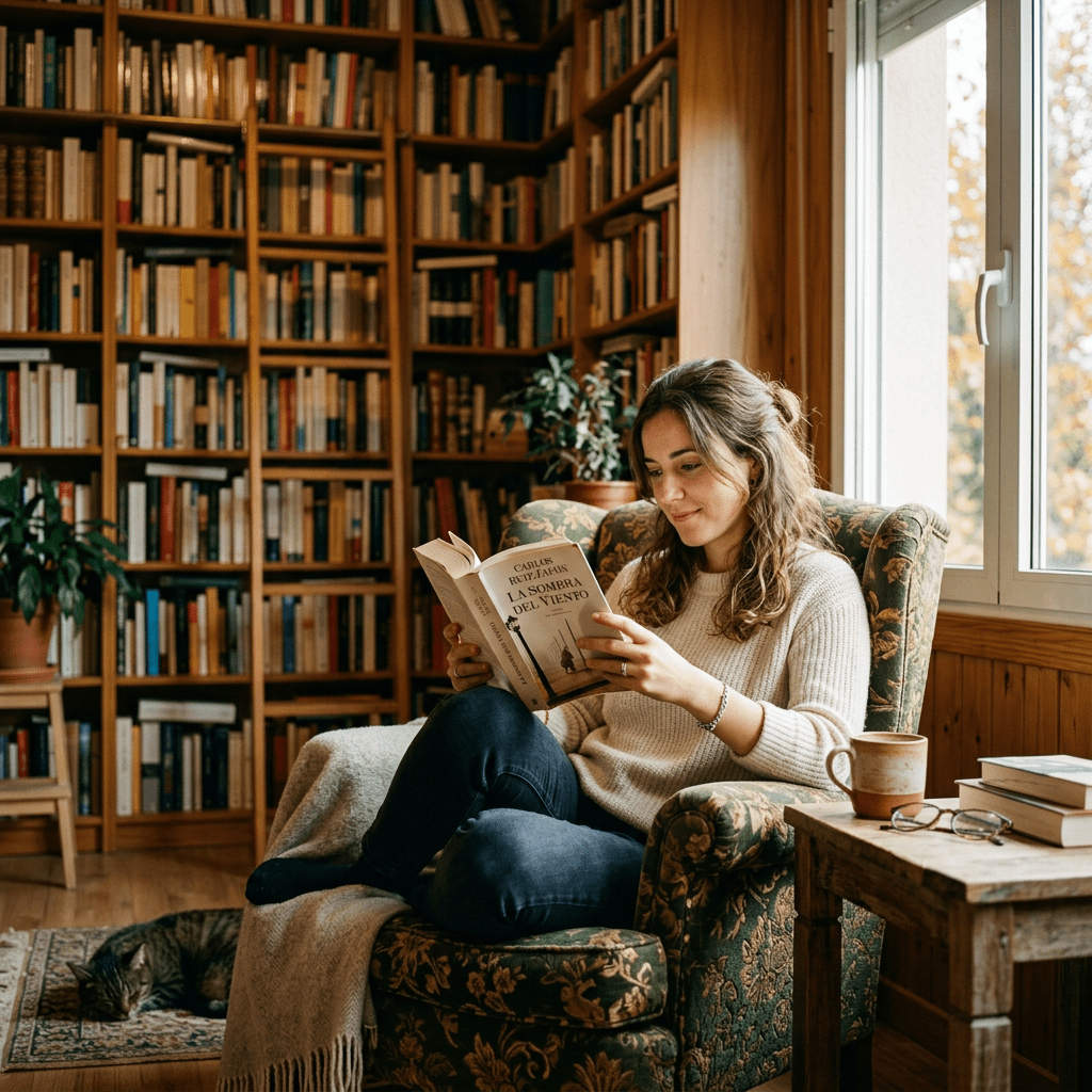 Woman reading book titled La sombra del viento in a cozy armchair by a window with bookshelves and a sleeping cat