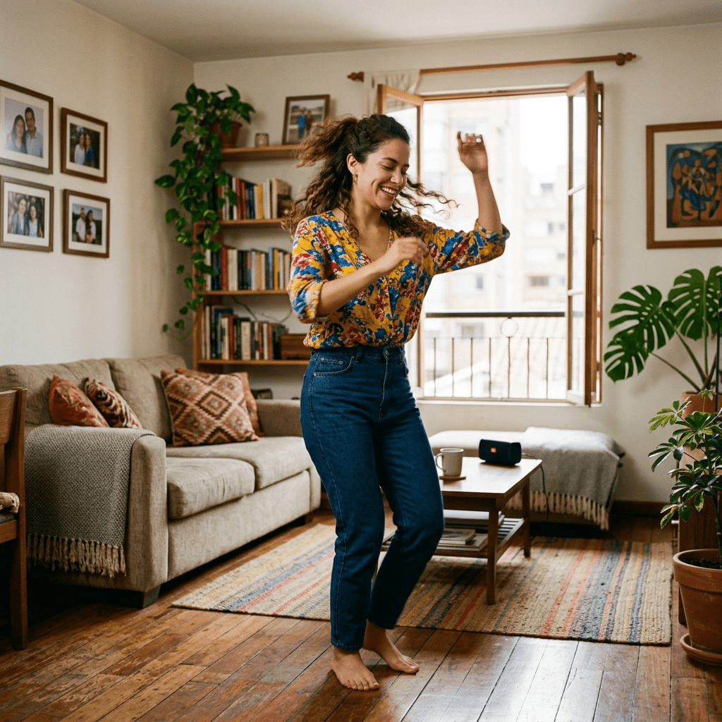Woman dancing barefoot in a living room with a colorful blouse and jeans