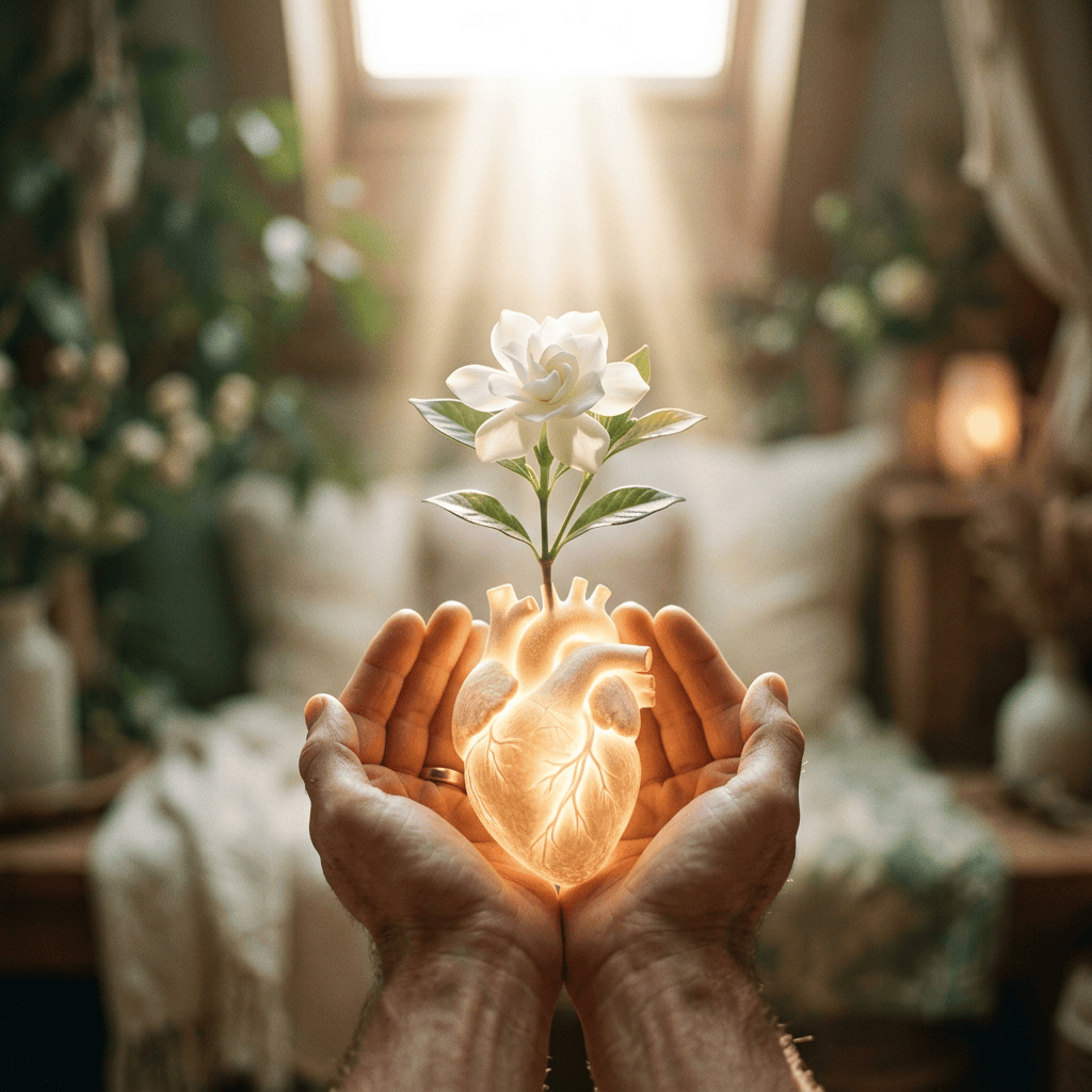 Hands holding a glowing anatomical heart with a white flower sprouting from it
