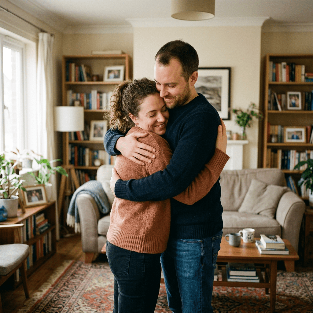 Couple hugging each other affectionately in a living room