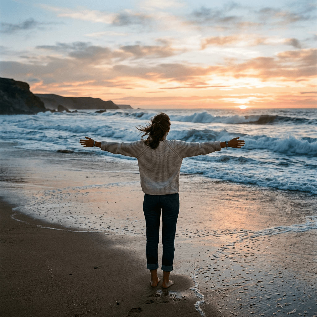Person with outstretched arms standing barefoot on sandy beach at sunset facing the ocean waves