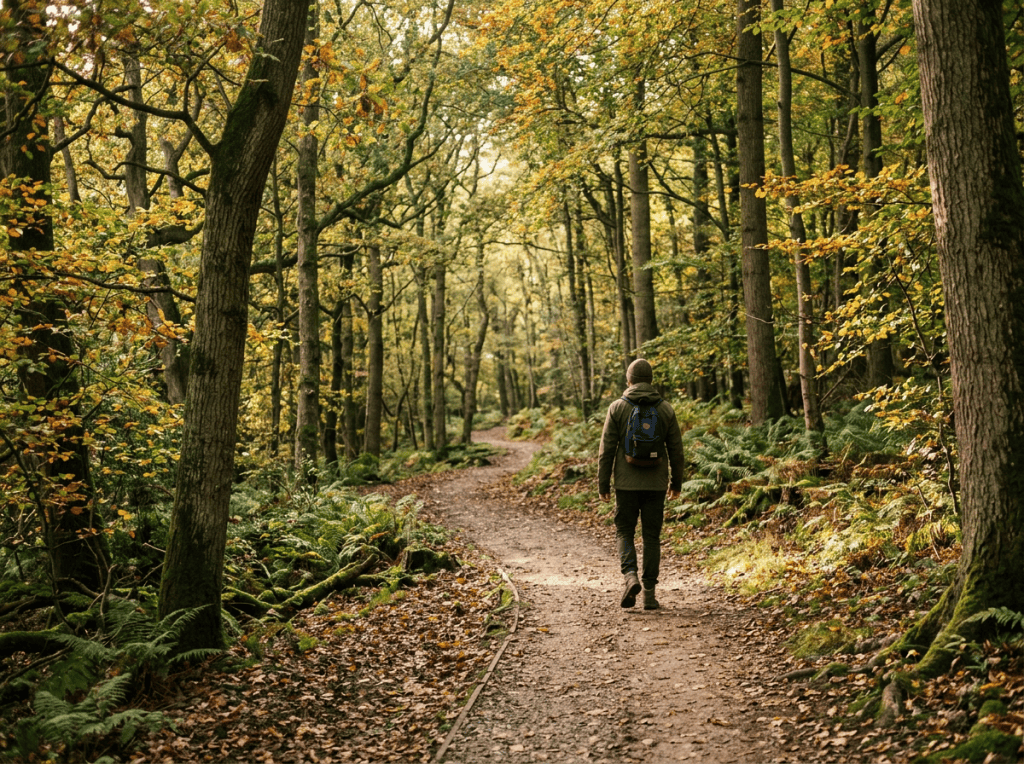 Hiker with backpack walking along a leafy autumn forest trail