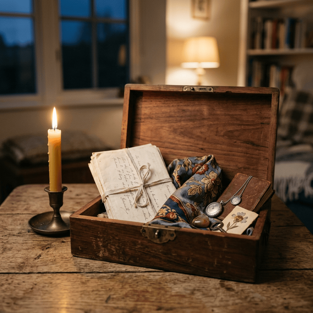 Open wooden box holding letters, jewelry, fabric, and keepsakes beside a candle