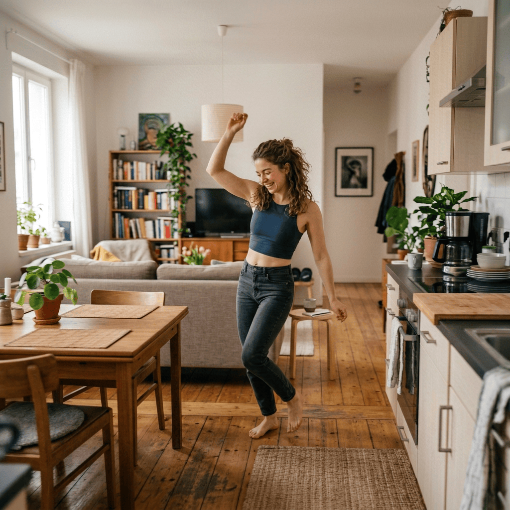 Woman dancing barefoot in a bright living room and kitchen