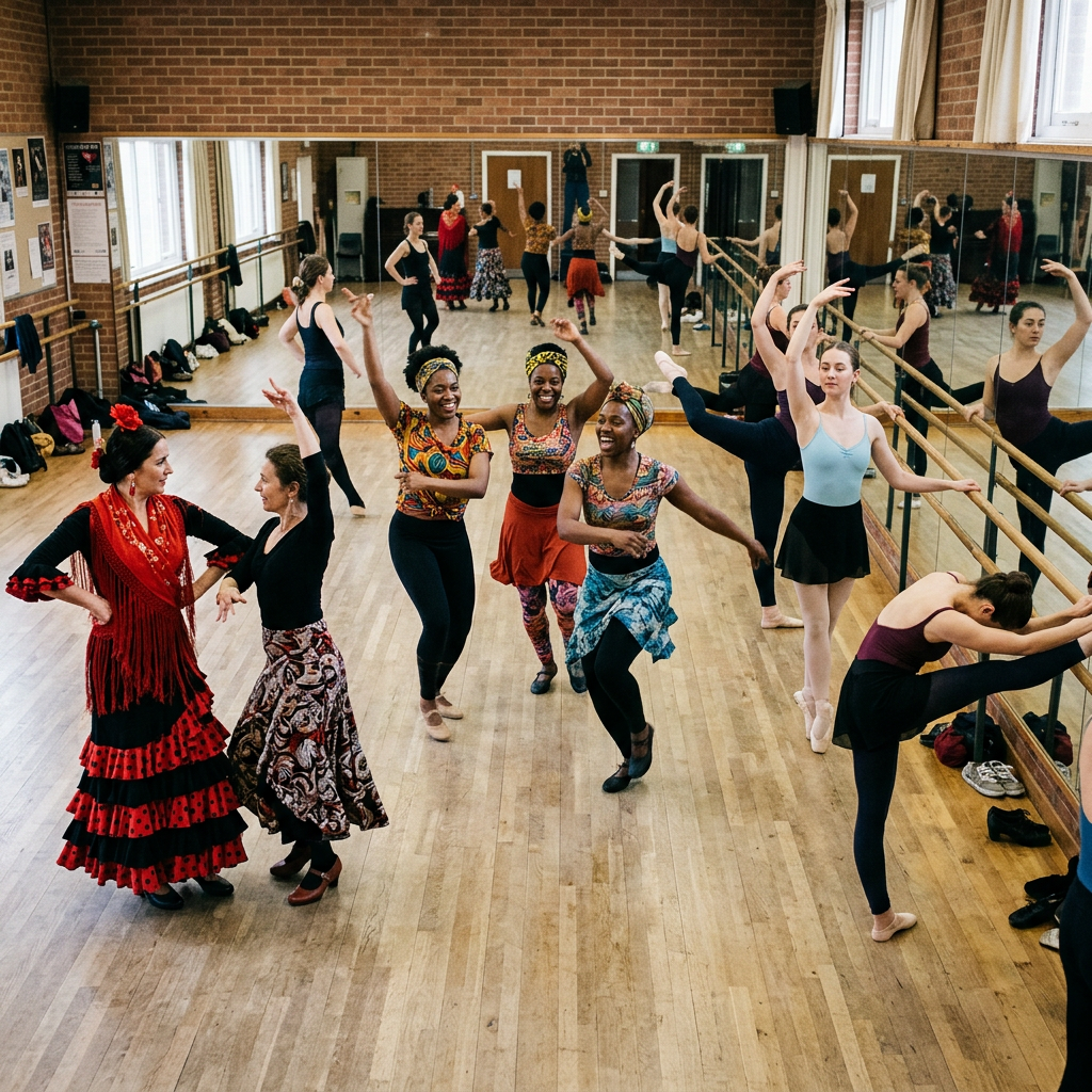 Dancers practicing ballet and flamenco in a mirrored studio