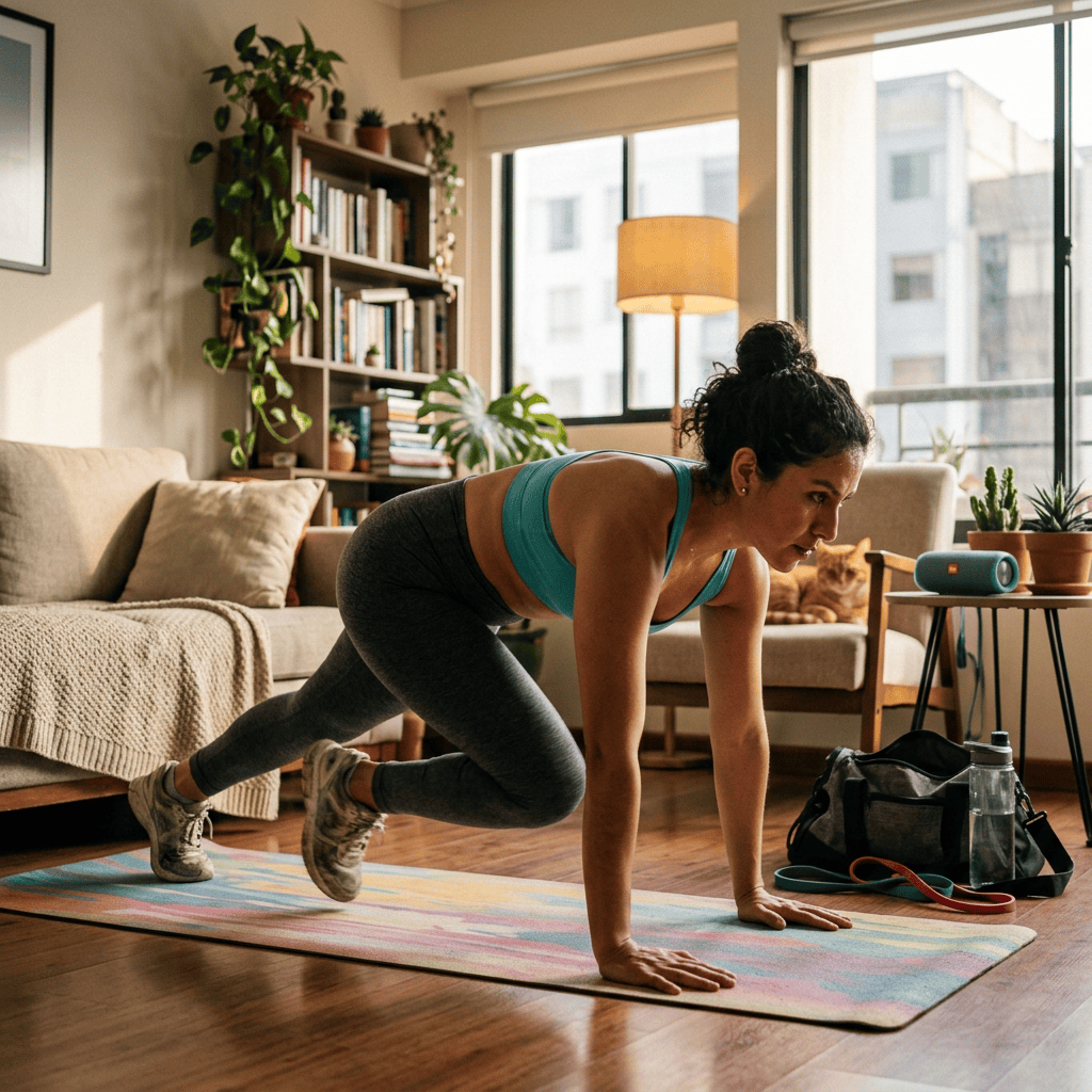 Woman performing a mountain climber exercise on a yoga mat