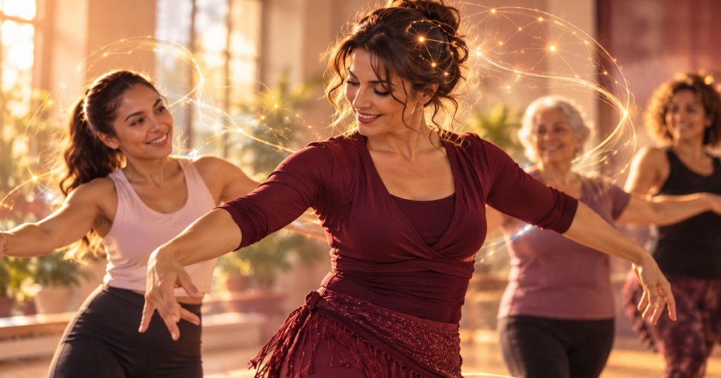 Profesora de danza guía a mujeres de distintas edades en una clase grupal de movimiento y coordinación.