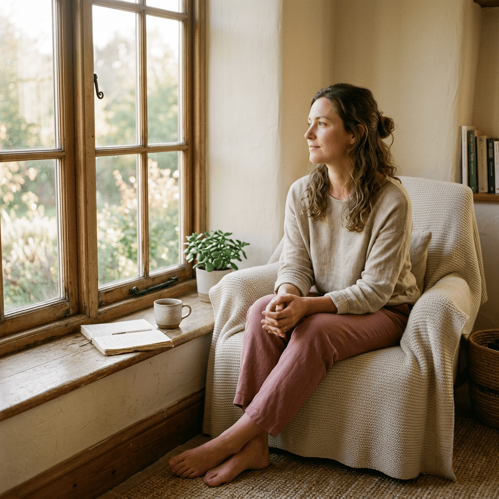 Woman sitting in an armchair beside a window with tea and journal