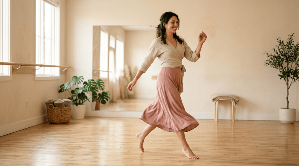 Mujer sonriente bailando con naturalidad en un estudio luminoso, disfrutando del movimiento.
